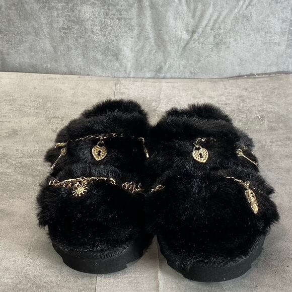 WILD PAIR Women's Black Paiyge Chain Faux-Fur Slide Slip-On Slippers SZ 6 - Picture 3 of 10